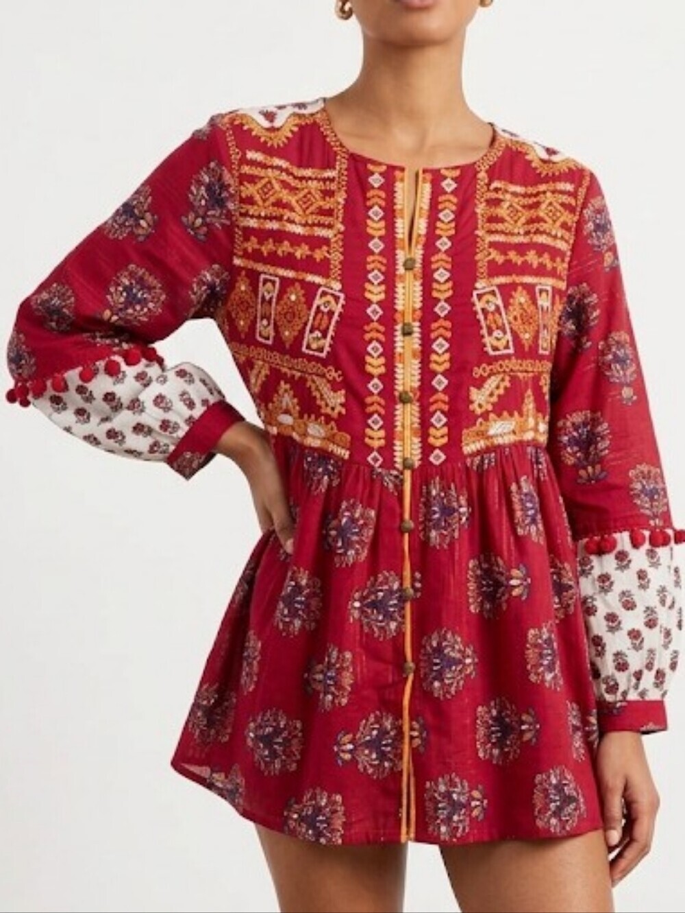 Ethnie by Outfitters Boho-Inspired Red Embroidered Girls Peasant Top